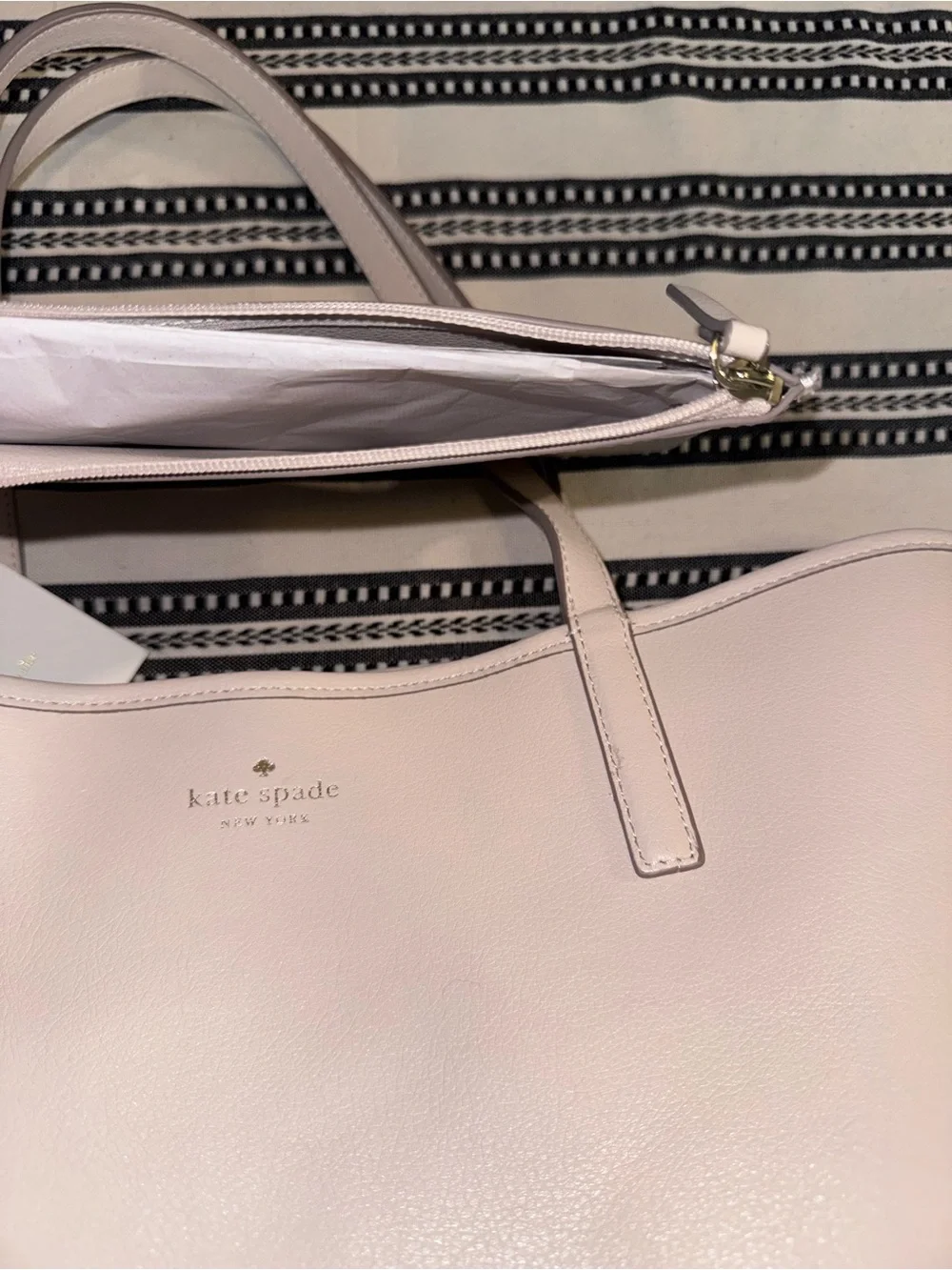 NWT kate spade Reversible Beige & Cream Striped Canvas/ Leather Tote w/ wristlet
